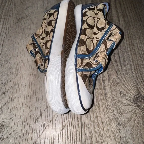 Coach Barrett Canvas logo sneakers brown blue patent leather trim 8 EUC Velcro - Picture 4 of 7